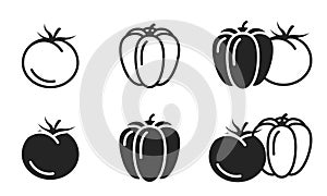 tomato and bell pepper icon set. vegetable, farming, organic food and agriculture symbols