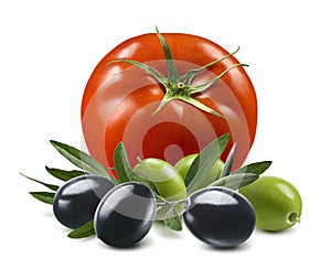 Tomato with black and green olives isolated on white background