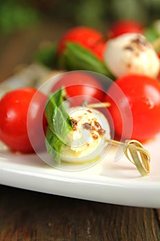 Tomato and bocconcini on skewer for appetizer