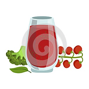 Tomato And Broccoli Smoothie, Non-Alcoholic Fresh Cocktail In A Glass And The Ingredients For It Vector Illustration