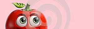 Tomato cartoon character with bulging eyes on a pink background