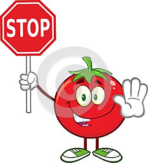 Tomato Cartoon Mascot Character Gesturing And Holding A Stop Sign