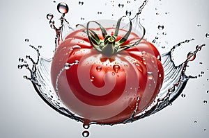 tomato caught mid-air with droplets of water cascading around it, positioned centrally against a stark backdrop