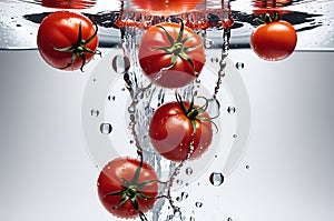 tomato caught mid-air with droplets of water cascading around it, positioned centrally against a stark backdrop