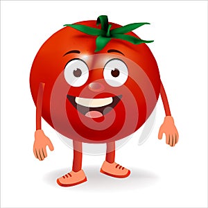 Tomato character. funny cartoon smiling tomato character. Semi-realistic tomato character. Happy vegetable vector illustration.
