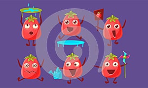 Tomato Characters with Funny Faces Set, Cute Vegetable in Different Poses and Various Emotions Vector Illustration