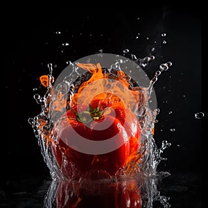 Tomato in the clash of water and fire on black background.