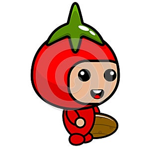 Tomato costume mascot holding a surfboard