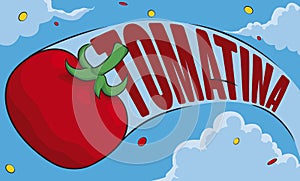 Tomato Crossing the Sky Leaving a Confetti Trace for Tomatina Festival, Vector Illustration photo
