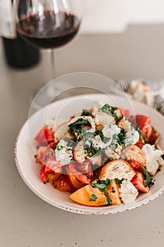 Tomato crostini salad with mozzarella cheese. Refreshing healthy dinner. Glass of red wine. Nourishing salad lunch. Panzanella