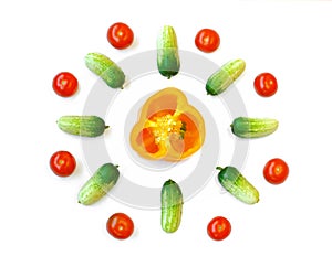 Tomato, cucumber, bell pepper, isolate on white background