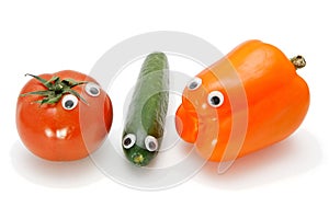 Tomato, cucumber and bellpepper with eyes photo
