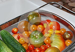 Tomato and Cucumber Harvest in Kitchen Sink