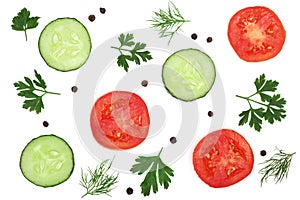 Tomato and cucumber slice with parsley leaves, dill and peppercorns isolated on white background. Top view