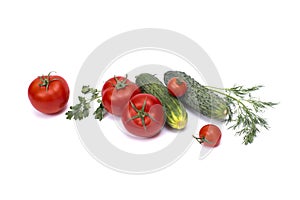 Tomato with cucumber on white background with clipping path. Ripe vegetables isolated on white background. Tomatoes, cucumber on i