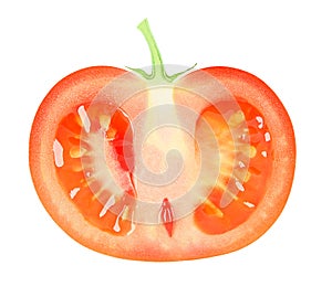 Tomato cut in half along isolated on white background with clipping path