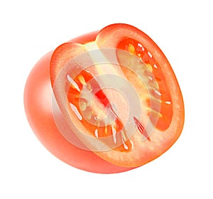 Tomato cut in half along single isolated on white background with clipping path