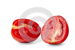 Tomato cut in half, isolated on white background. Tomatoes.