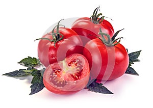 Tomato in cut with leaf for packaging and label.