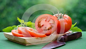 Tomato cut into slice on green background fresh , generated by AI
