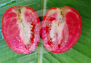 Tomato cut into two pieces on background of a leaf