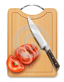 Tomato cuted segment with knife on hardboard