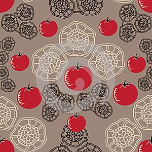 Tomato Decor-Vegi Delight seamless Repeat Pattern illustration.Background in red,green and black.