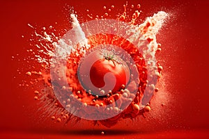 Tomato exploding on red background. Generative AI.