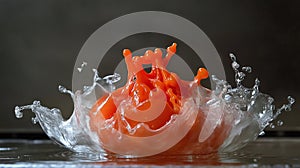 Tomato explosion frozen in time with visible shockwaves