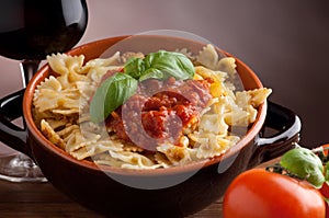 Tomato farfalle and wine