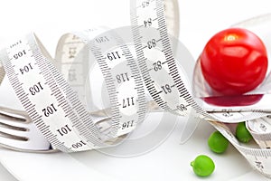 Tomato,fork ,peas and measure tape