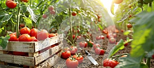 Tomato garden red yellow varieties in wooden crate, from cherry to beefsteak sizes