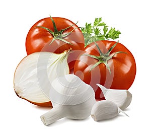 Tomato, garlic, onion and herbs isolated on white background