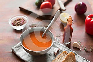 Tomato gazpacho soup with fresh cucumbers