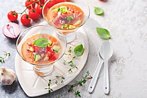 Tomato gazpacho soup with fresh cucumbers