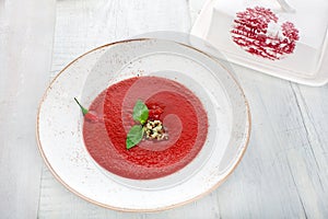 Tomato gazpacho soup with pepper and garlic