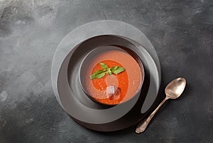 Tomato gazpacho soup with pepper and garlic, basil. Spanish cuisine