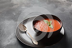 Tomato gazpacho soup with pepper and garlic, basil. Spanish cuisine