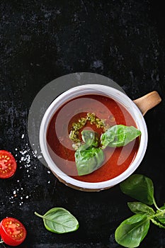 Tomato gazpacho soup with pesto