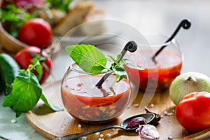 Tomato gazpacho soup in two glass cups