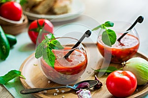 Tomato gazpacho soup in two glass cups