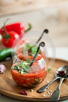 Tomato gazpacho soup in two glass cups