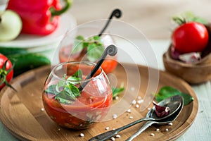Tomato gazpacho soup in two glass cups