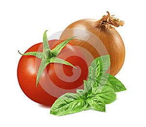 Tomato, green basil and yellow onion isolated on white background