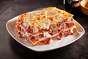 Tomato and ground beef lasagne with cheese