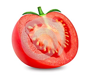 Half of red tomato with ripe juicy pulp and natural green stalk isolated on white background with clipping path