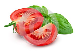 Tomato half and slice isolated on white background with basil leaf and full depth of field.