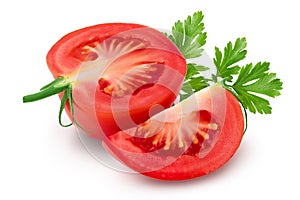 Tomato half and slice isolated on white background with clipping path and full depth of field.