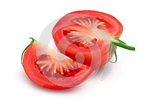 Tomato half and slice isolated on white background with clipping path and full depth of field.