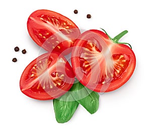 Tomato half and slices isolated on white background with clipping path and full depth of field. Top view. Flat lay